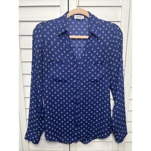 Express Anchor Print Long Sleeve Portofino Button Down Fisherman Top Size Small